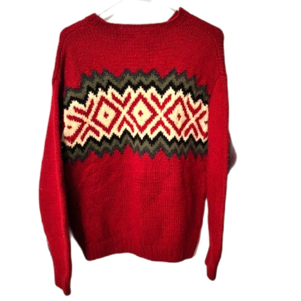 J.Crew Fair Isle Wool Sweater Men’s Medium Red Nordic Crewneck Cozy Cabin